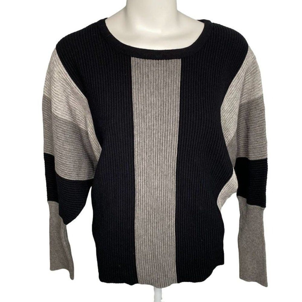 Joseph A Black Gray‎ Stripe Round Neck Dolma Sleeve Sweater Top sz Medium NEW